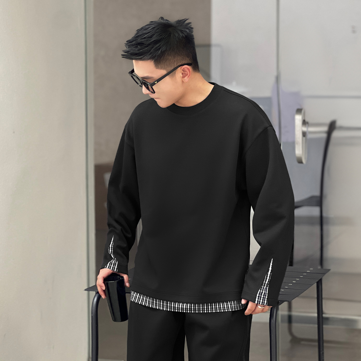 二十二号穿搭条纹拼接衬衫袖口假两件卫衣男士长袖t恤内搭打底衫