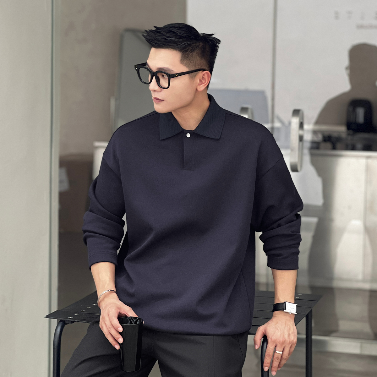 NO22WEAR秋季长袖polo衫男士高级感纯色打底t恤宽松衬衣翻领卫衣