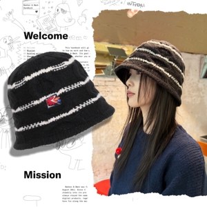 针织遮脸盆帽韩系撞色条纹针织渔夫帽大头秋冬百搭显脸小毛线帽子