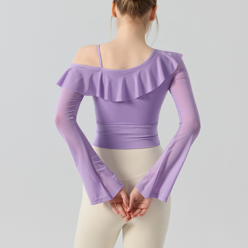 网纱喇叭袖瑜伽服长袖女子训练上衣含胸垫性感单肩紧身短款运动服