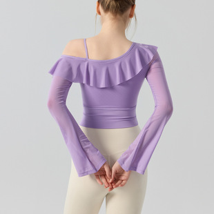 运动服 女子训练上衣含胸垫性感单肩紧身短款 网纱喇叭袖 瑜伽服长袖