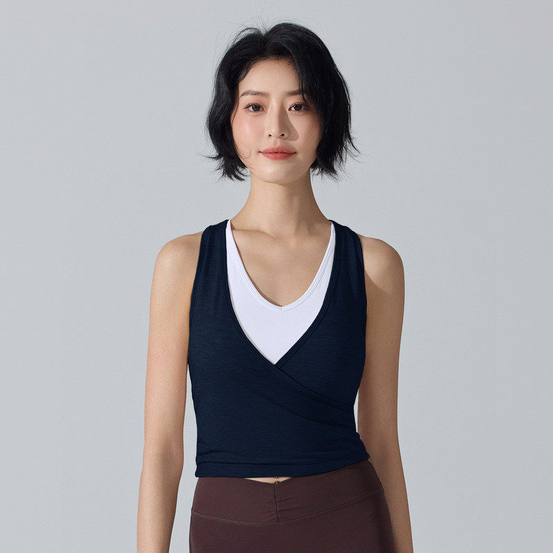 V领假两件健身衣固定胸垫瑜伽文胸无袖训练背心速干透气跑步罩衫