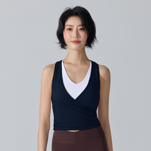 V领假两件健身衣固定胸垫瑜伽文胸无袖训练背心速干透气跑步罩衫