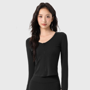 秋冬室内健身长袖裸感瑜伽服女子V领全拉链休闲运动外套跑步上衣