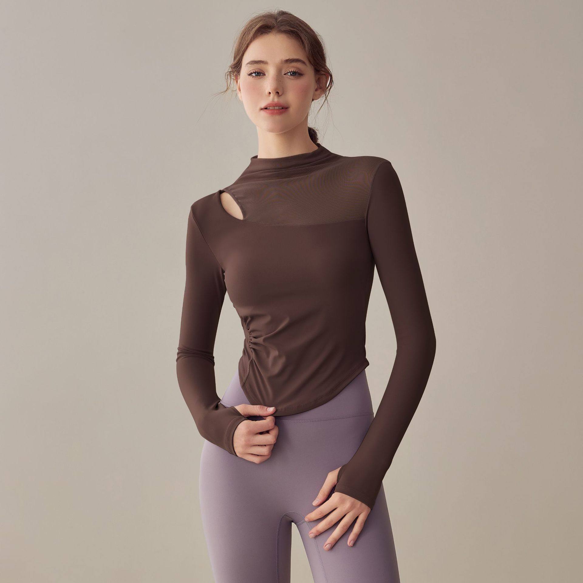 性感镂空健身衣拼纱瑜伽长袖小高领外穿秋冬室内训练服固定胸垫女,运动服/休闲服装,健身衣,淘宝优惠券,粉丝福利购,淘宝优惠卷