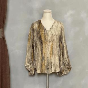 【沐杉高定】轻奢设计师款大理石新中式国风休闲V领灯笼袖上衣女
