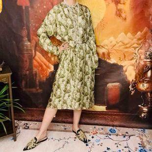 【高货孤品】桑蚕丝孔雀羽毛印花连衣裙溜肩蝙蝠袖优雅系带中长裙