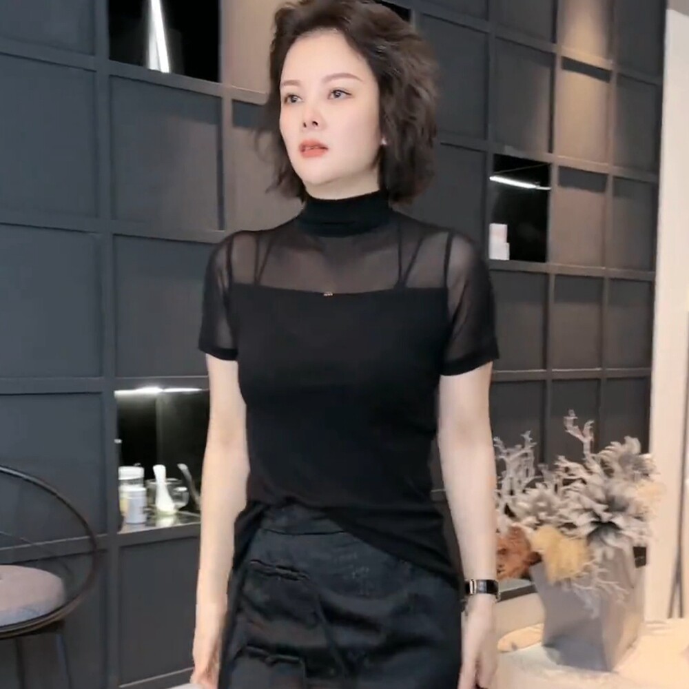 春夏女半高领网纱拼接短袖T恤
