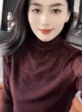春夏韩系半高领烫钻显瘦长袖T恤