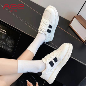 Aee/爱意2024春新款时尚休闲板鞋牛皮中跟运动鞋系带百搭单鞋女