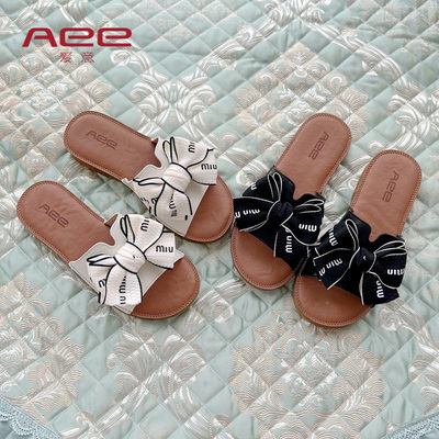 Aee/爱意2025夏季新款蝴蝶结外穿一字拖舒适牛皮牛筋底凉拖鞋女