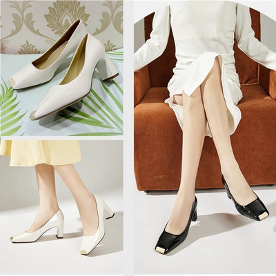 Aee/爱意2024新款通勤漆皮时尚浅口高跟低帮鞋优雅气质方头单鞋女