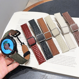 真皮菱格磁吸新款 GT5适用华为GT3手表watch4pro表带GT4苹果iwatch