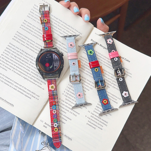 彩色花金属牛仔布皮革GT5适用华为GT3手表watch4pro表带苹果小米2