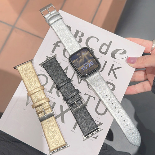 适用iwatch表带荔枝纹皮革银色