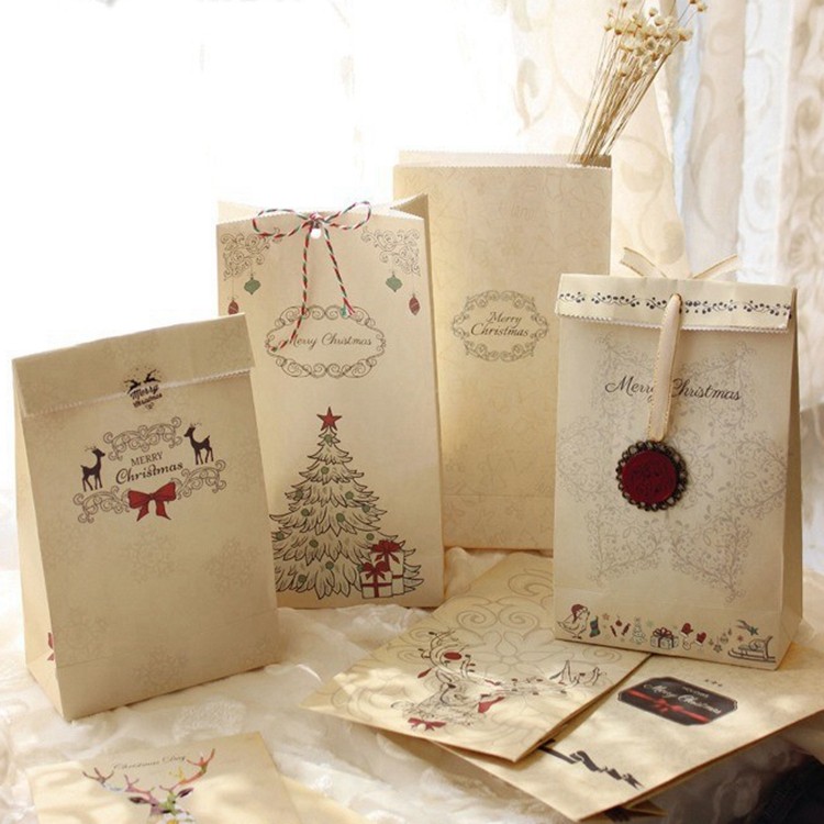 复古创意 圣诞纸张礼品袋 平口袋折口袋 纸质礼物袋包装袋