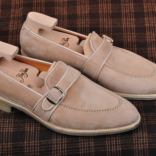 JIMJUN 牛反绒搭扣乐福鞋 中圆生胶底 手工定制一脚蹬男士皮鞋