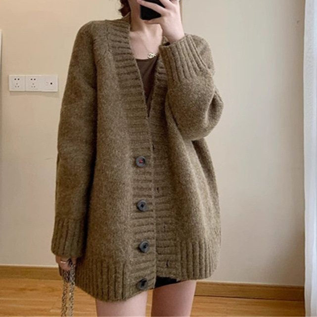 韩系慵懒风v领毛衣外套女2025秋冬新款宽松时尚百搭针织开衫上衣