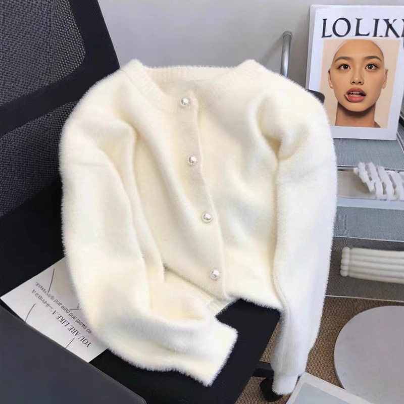 短款奶白色仿水貂绒毛衣外套女2025秋冬新款宽松慵懒风针织开衫厚
