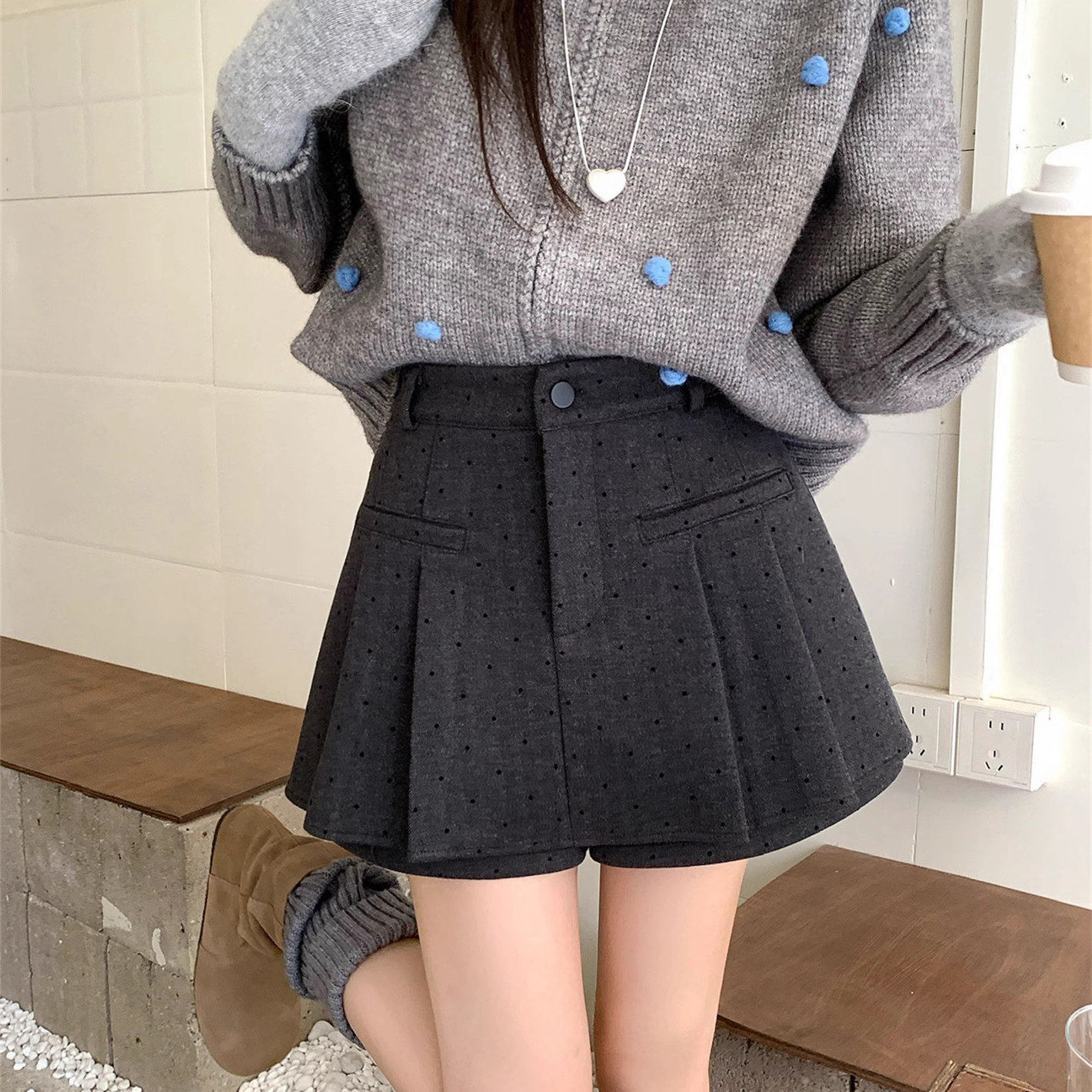 灰色波点毛呢半身裙女秋冬新款大码学院风百褶裙高腰显瘦裤裙短裙,女装/女士精品,半身裙,淘宝优惠券,粉丝福利购,淘宝优惠卷