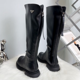 美拉德穿搭风真皮长靴子后拉链高筒骑士靴女增高厚底瘦瘦靴英伦风