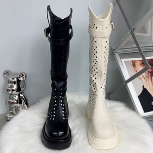 欧美风镂空增高厚底7cm长靴女中跟透气骑士靴显瘦气质时装 靴凉靴