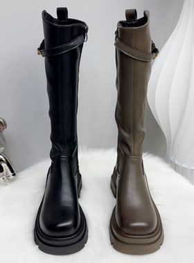 胖妹妹英伦风侧拉链真皮长靴厚底防水台加绒保暖高筒骑士靴小个子