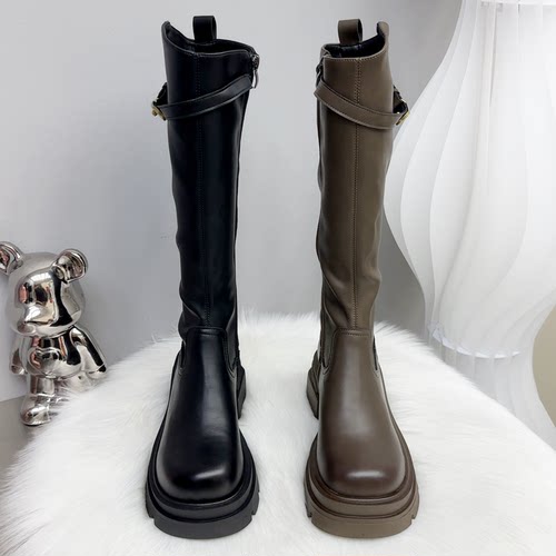 高筒加绒保暖真皮长靴子英伦风