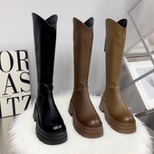 欧美风长靴子真皮高筒骑士靴女厚底增高7cm长筒女靴后拉链防水台