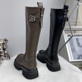 皮带扣不过膝长筒靴女2025秋冬新款 真皮西部牛仔靴长靴高筒骑士靴
