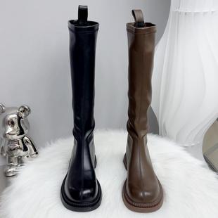 胖妹妹薄底显瘦长筒骑士靴子女靴2025年加绒雅丹风高筒靴平口长靴