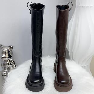 胖妹妹走秀款 复古拉链机车靴擦色骑士长筒靴 大筒围马丁靴2025新款