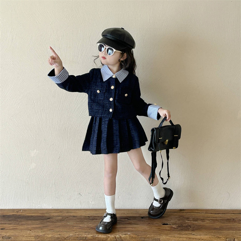 女童小香风两件套2026春季新女宝宝韩版学院风外套百褶短裙套装】