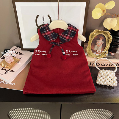 女宝2025年秋冬新款女童新年战袍女宝宝周岁礼服裙公主背心裙