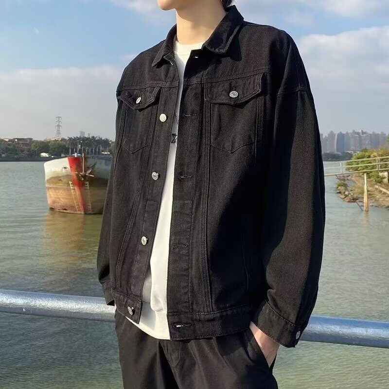 黑色牛仔外套男秋季港风痞帅外褂休闲宽松百搭上衣服学生青年夹克