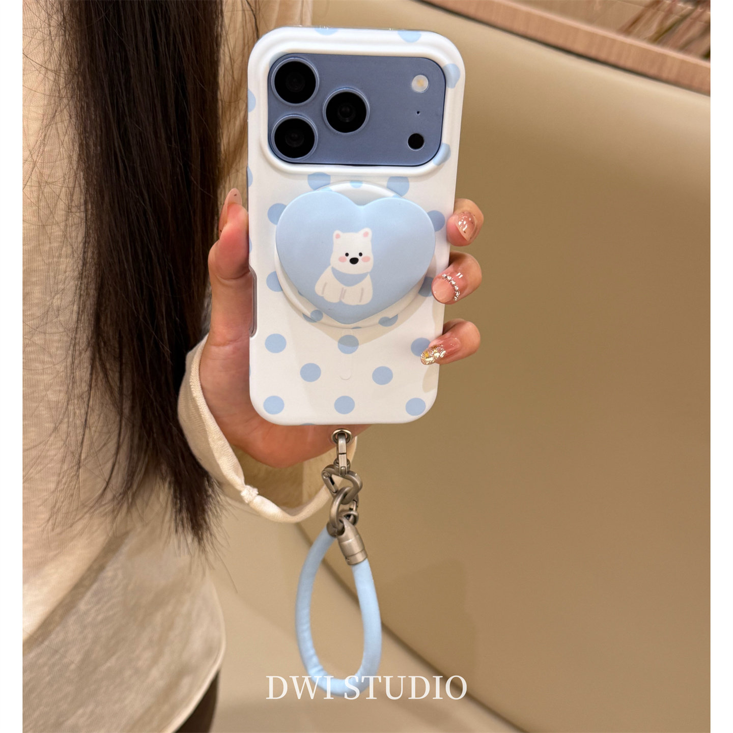 在春日可爱蓝波点磁吸爱心狗狗支架韩系ins18pro适用iPhone18promax全包17promax保护壳15pro二合一菲林16pro