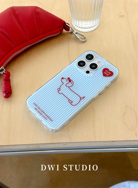 DWI STUDIO小众简约蓝色条纹腊肠狗手机壳17promax/14适用苹果15pro/16promax/13新款iPhone16双层印花壳