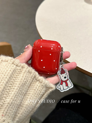 简约新年波点小狗红色耳机壳
