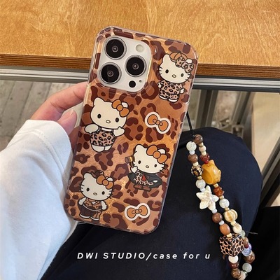 秋冬豹纹Kitty挂绳链条手机壳