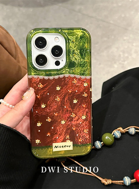 DWI STUDIO复古绿色碎花皮挂绳手机壳16promax/14适用苹果15pro/15promax/13新款iPhone16双层印花壳