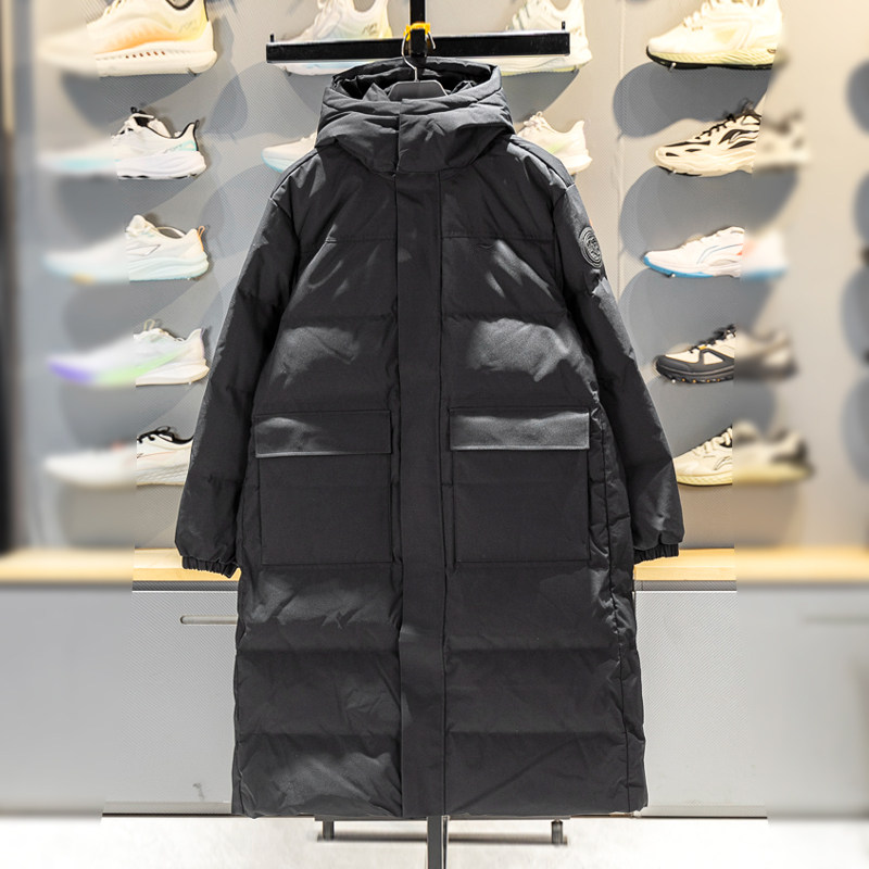 李宁长款羽绒服男子2025冬季80%鸭绒保暖防风连帽过膝外套AYMV283