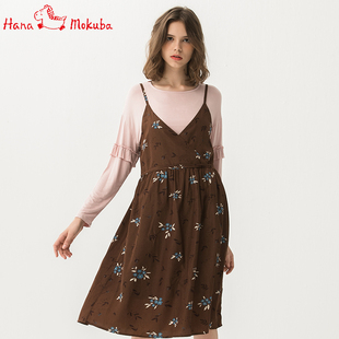 连衣裙1J23101 复古印花吊带修身 花木马春秋季 日系女装