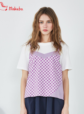 花木马春夏日系女装针织格纹吊带拼接上衣短袖T恤1K15633