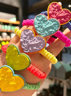 韩国东大门同款荧光色炫彩大爱心发圈布标笑脸冰丝小肠圈扎发头绳