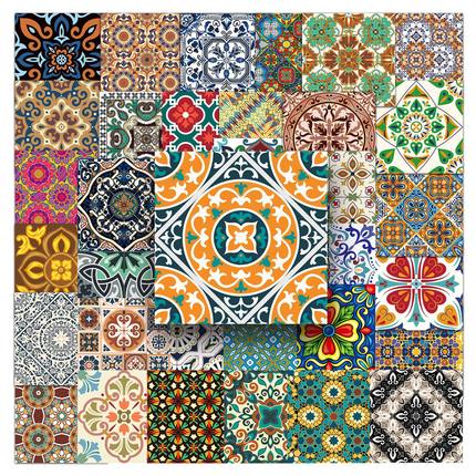 50张彩色花砖涂鸦个性跨境创意复古装饰水杯笔记本电脑行李箱贴纸