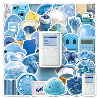 50张ins风蓝色涂鸦个性小清新咕卡创意DIY奶茶杯行李箱贴纸防水