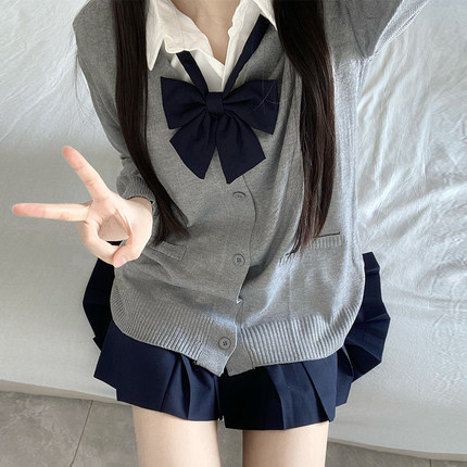 jk开衫毛衣学院风衬衫女秋冬季长袖上衣叠穿白衬衣短格裙制服套装