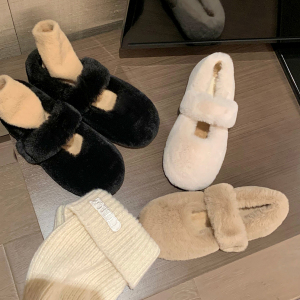 羊毛版~冬季加绒保暖毛毛鞋外穿圆头豆豆单鞋女秋冬新款真皮棉鞋