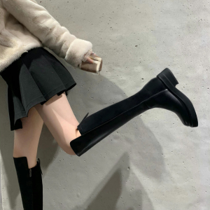 牛皮版~真皮厚底直筒骑士靴女冬弹力瘦瘦长靴小个子长筒靴高筒靴