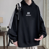 黑白条纹撞色拼接连帽卫衣男美式三条杠高级感帽衫松弛感穿搭外套，男装卫衣，电商A107